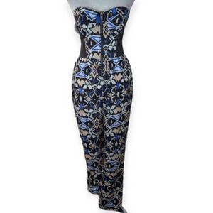 GEOMETRIC BLUE, BLACK, & WHITE STRAPLESS JUMPSUIT SZ.M EUC